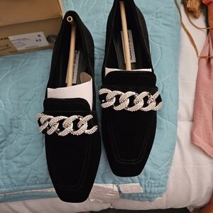 Steve Madden Elegant Black Loafers with Silver Chain Detail
